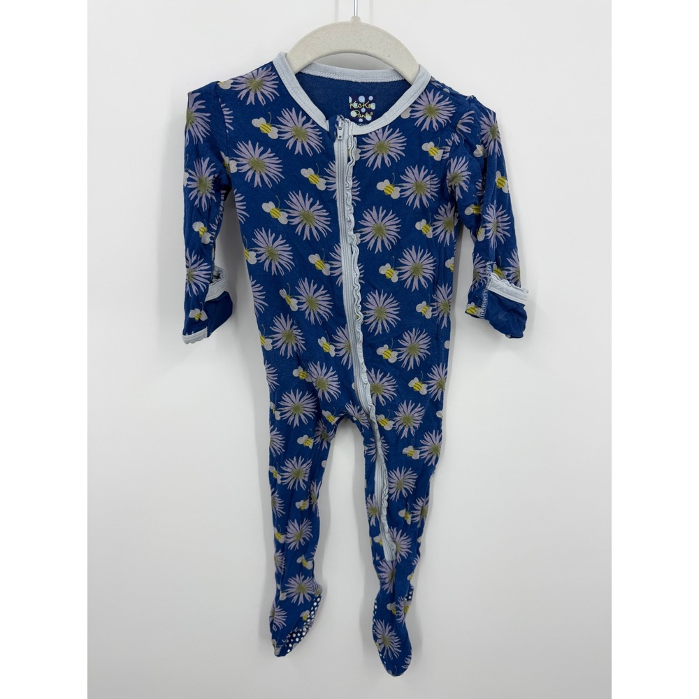 KicKee Pants Daisy Bee Footie Sleeper Baby 6-9 Months Blue Ruffle Bamboo Pajamas